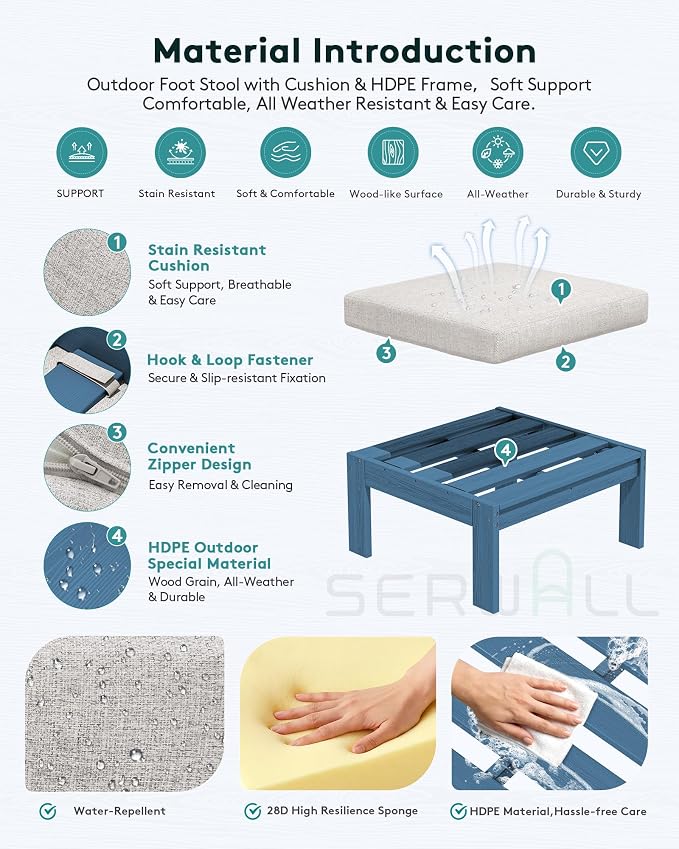 SERWALL HDPE Outdoor Ottoman with Cushions