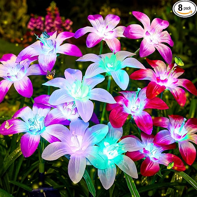 Ahaorigin Solar Garden Lights Outdoor, 8 Pack Blooming Lily Solar Flowers Outdoor Waterproof, 7 Color Changing Bigger Flower Lights for Yard Patio Decor, Gift for Mom