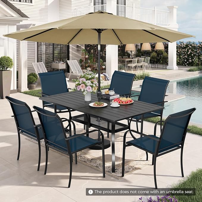 Incbruce 8 Pieces Patio Dining Set with Brown Umbrella, Outdoor Dining Set of 6 Textilene Chairs and Rectangle Table with Umbrella Hole for Backyard, Garden, and Poolside (Blue)