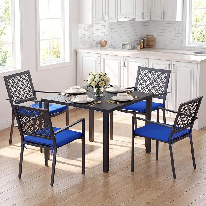 LuxaDomus 5 Piece Outdoor Dining Set, Wood Grain Square Outdoor Patio Table and Chairs Set, Metal Dining Set with with 4 Spacious Dining Chair, All Weather Patio furniture Set for Deck Garden Poolside