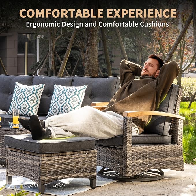MEISSALIVVE 8 Pieces Outdoor Patio Furniture Sets, Wicker Patio Conversation Sets with 2 Wood Armrests Swivel Glide Chairs,2 Single Chairs, 3-seat Sofa (Grey)