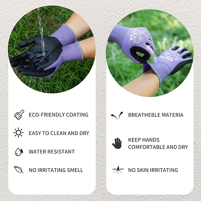 JDL 3 Pairs Nylon Nitrile Coated Gardening Gloves for Women, Touchscreen Yard Garden Gloves, Breathable Safety Work Gloves with Grip, Purple, Large