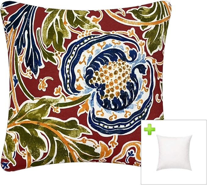 Outdoor Waterproof Decorative Throw Pillows with Inserts for Patio Furniture, 18x18 Inch Fade Resistant Patio Garden Cushions for Couch Bed Sofa, Jacobean Red