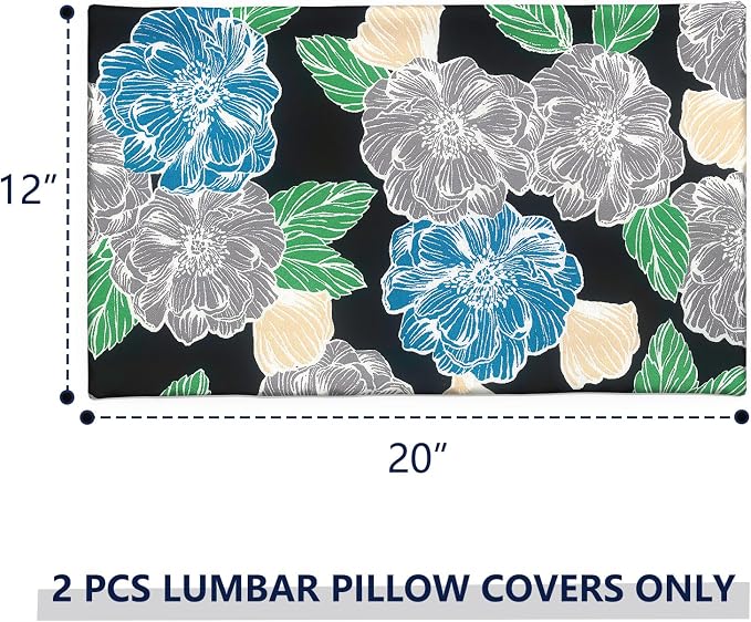 12x20 Inch Lumbae Pillow Covers, Rectangle Waterproof Throw Covers Set of 2, Decorative Patio Furniture Cushion Cases for Porch Garden, Peony Garden