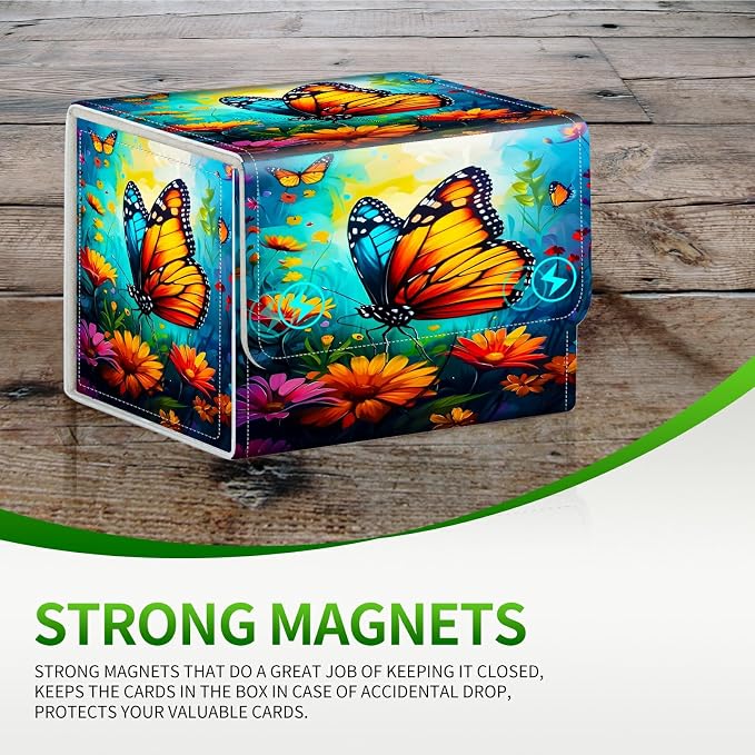 Card Deck Box for MTG, Cards Storage Box Fits 120+ Sleeved, Leather Small Size Strong Magnetic Closing Card Case for Board Games Magic TCG CCG Baseball Collection, Butterfly Blue Sky