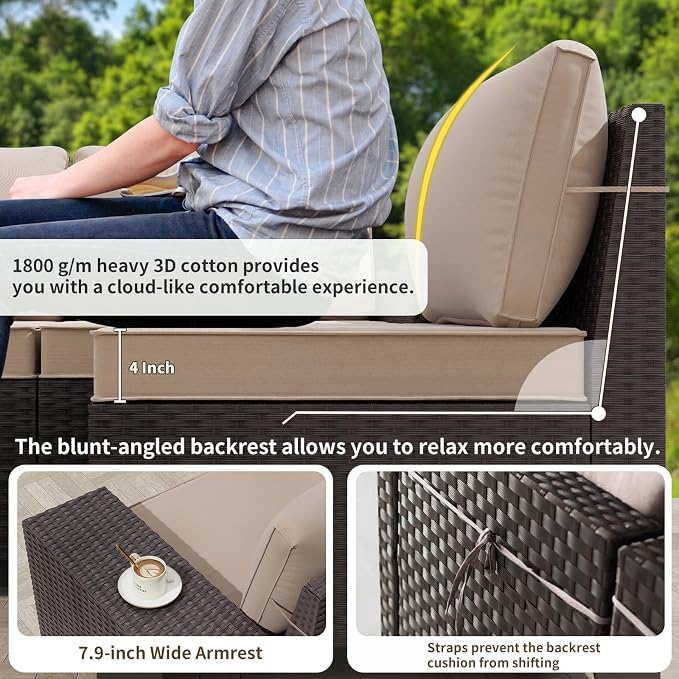 Gotland 7 Pieces Patio Furniture Set with 55000BTU Fire Pit Table, Wicker Patio Set with Wide Armrests 29.5'' High Backrest Thick Cushions 1 Coffee Table, Outdoor Furniture for Porch Deck Khaki