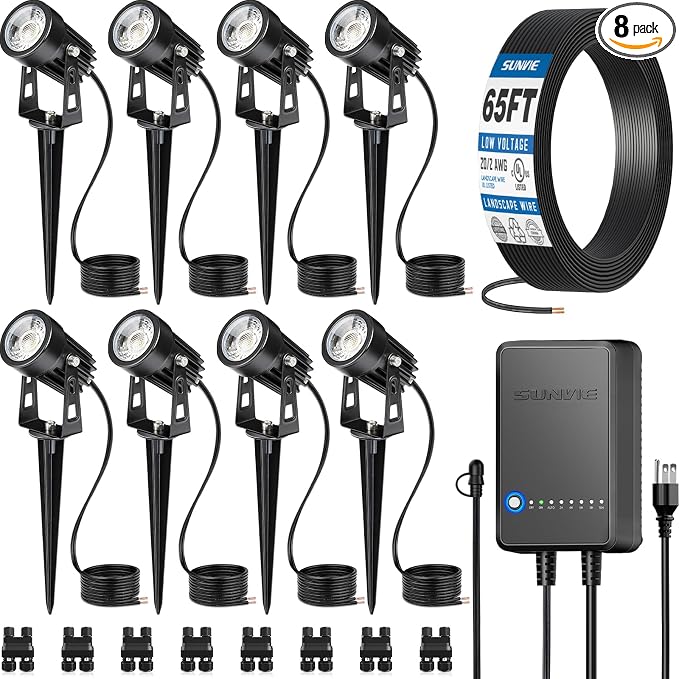 SUNVIE All-in-One Low Voltage Landscape Lighting Kit, Dusk to Dawn, 8 PCS | 3000K LED Low Voltage Landscape Lights, IP65 Waterproof, 3W Aluminum Landscape Spotlights for Yard Garden Tree House