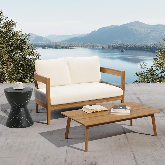 Merax 2 Piece Patio Outdoor Furniture Set, All-Weather Acacia Wood Curved Loveseat Sofa with Cushions,1 Coffee Table, Conversation Set for Backyard Deck Poolside, Teak+ Beige