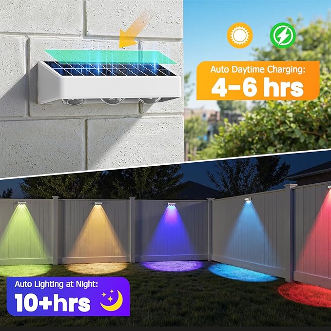 NIORSUN Solar Fence Lights,16 Pack Solars Deck Light,RGB Color,Outdoor Bulb Waterproof Led IP65,Outdoor Fence Light,Power Patio Lamp with Lenses for Outside/Backyard/Railing/Yard(Black)