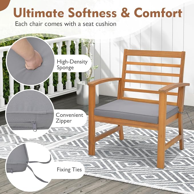 Tangkula 3 Pieces Outdoor Furniture Set, Acacia Wood Conversation Set with Soft Seat Cushions, Stable Acacia Wood Frame, Patio Sofa & Coffee Table Set for Backyard, Porch, Poolside (Grey)