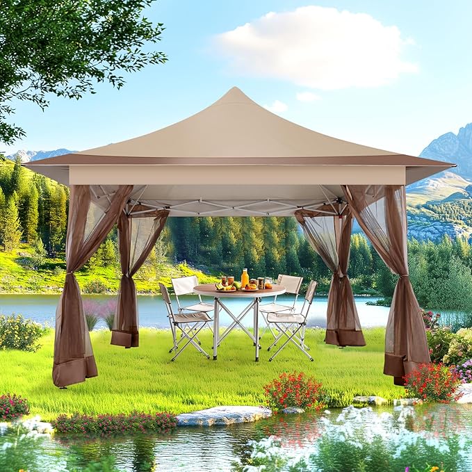 COBIZI 12x12 Pop Up Gazebo On Clearance,Outdoor Canopy Tent with Mosquito Netting,UPF50+,Adjustable Height and 144 Square ft of Shade for Party, Backyard, Gardens with Superior Peaked Roof（Khaki）