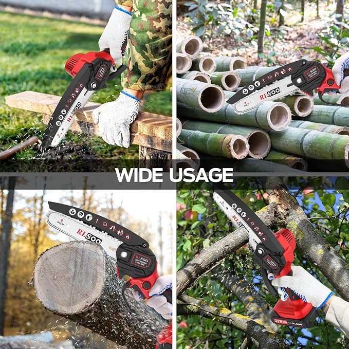 Mini Chainsaw Cordless, 6 Inch Handheld Chain Saw Battery Powered with 2 Rechargeable Batteries and 3 Chains, Portable Small Electric Tree Trimmer for Wood Cutting, Pruning, Courtyard and Household