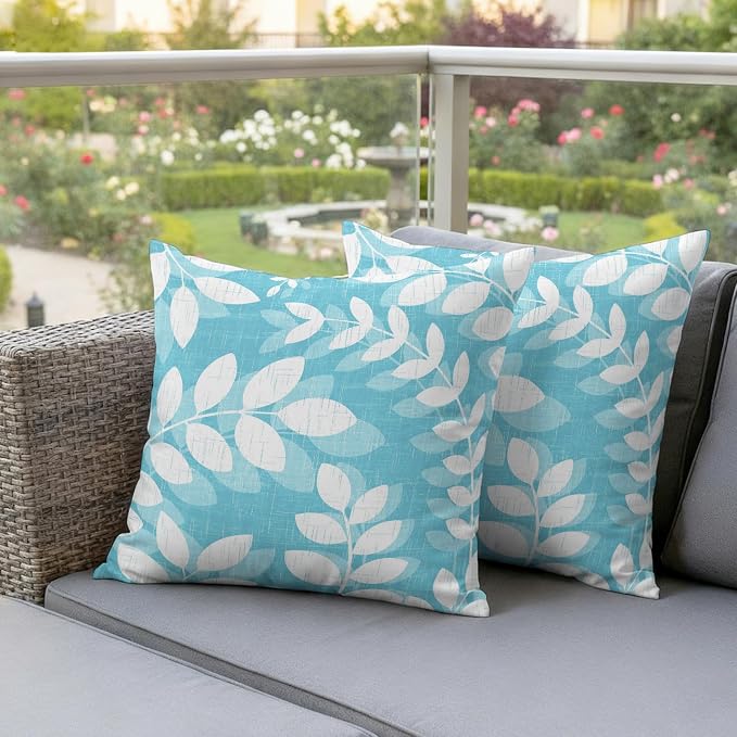 Light Blue Leaves Outdoor Waterproof Throw Pillow Covers 26x26 Set of 2, Farmhouse Botanical Branch Vintage Boho Leaf Decorative Pillowcases Cushion Pillowcase for Couch Sofa Patio Pillow Protector