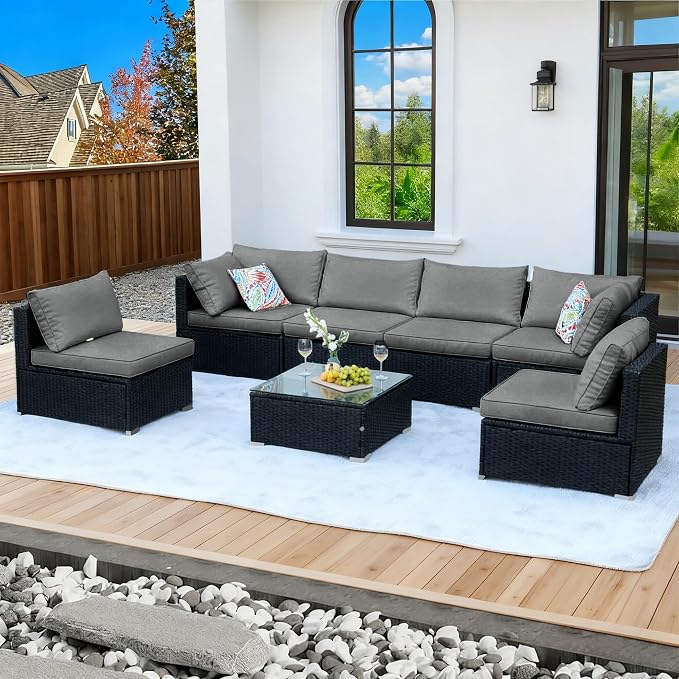 7 Pieces Black Patio Furniture Set - All-Weather Outdoor Sectional Wicker Conversation Sofa, Rattan Patio Seating Sofa Set with Grey Cushions and Glass Table for Porch Poolside, Spring 2026