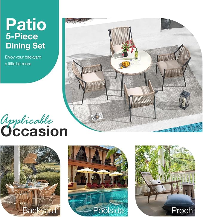 Patiorama 5-Piece Patio Dining Set, Outdoor Dining Table Chair Set, All-Weather Embossed Rattan Wicker Rope Conversation Set w/Umbrella Hole, Patio Furniture Set, 4 Cushioned Chairs&Glass Table(Beige)