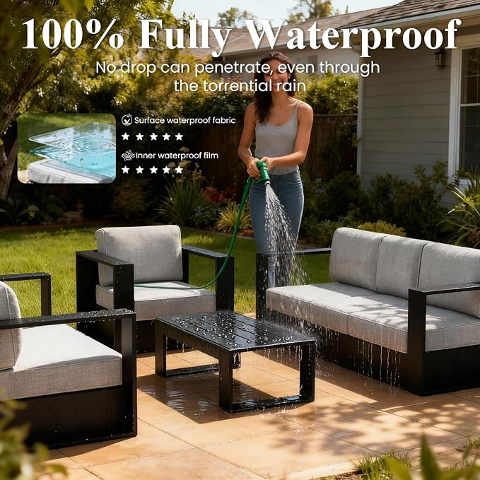 LayinSun Oversized Aluminum Outdoor Furniture Set, 4 Piece Patio Sofa Sets with Fire Pit Table, Deep Seating and Upgraded 6-inch Cushions for Porch, Balcony, Deck
