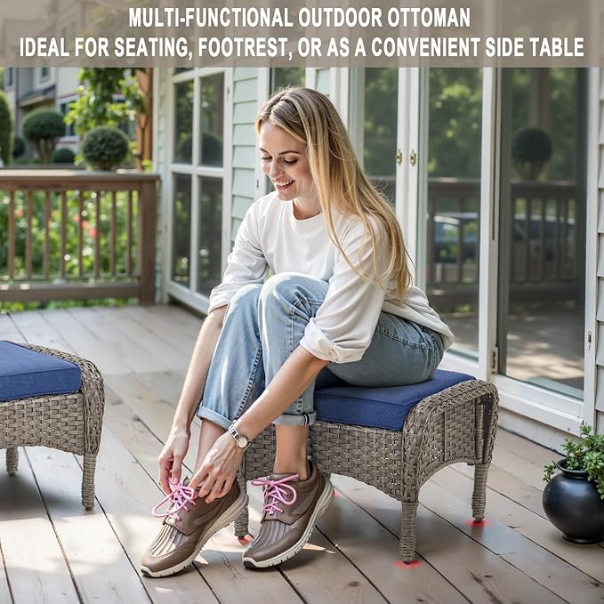 Belord Outdoor Ottomans for Patio Foot Rest - 25 Inch PE Wicker Foot Stool Set of 2 for Patio Furniture Sets,All Weather Rattan Ottoman for Balcony Deck Backyard Brown Gray