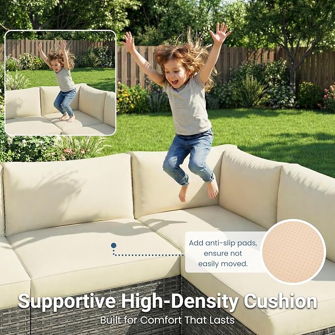 May in Color 7 Pieces Wicker Outdoor Patio Furniture Set, Patio Sectional Sofa with Coffee Table, All-Weather Outdoor Sectional Furniture for Garden Backyard, Beige