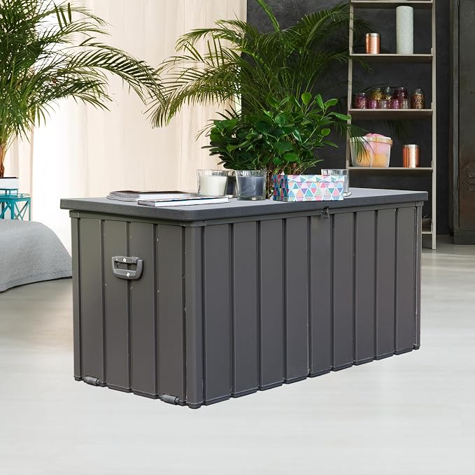 Deck Box 100 Gallon, Patio Storage Cabinet, Waterproof Outdoor Storage, Resin Lid Metal Patio Storage Bin with Lockable, Dark Gray