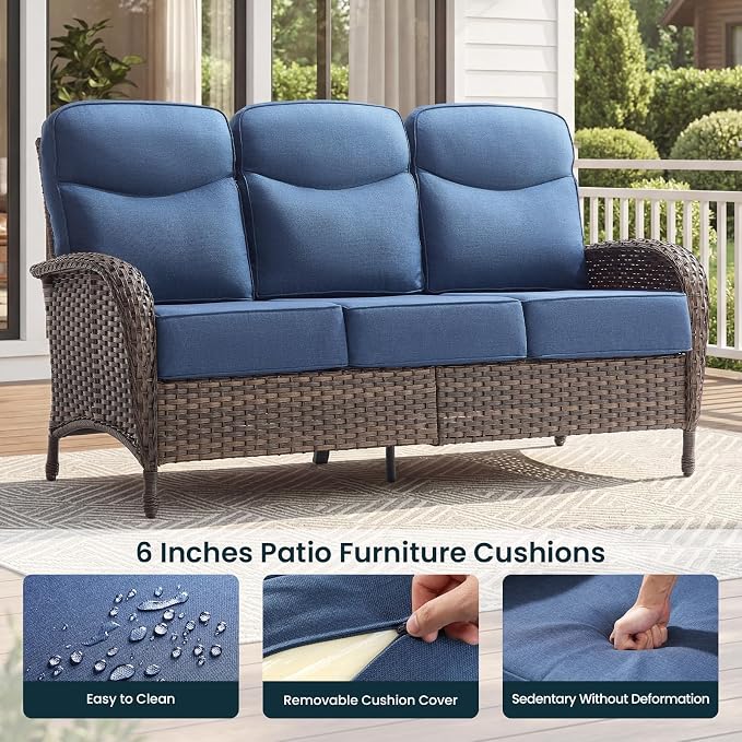 High Back Luxury Patio Furniture Set with 6-inch Thick Cushion, Swivel Rocker Patio Chairs with Outdoor Couch, 7 Piece Wicker Conversation Set for Deck Yard Garden Balcony Blue