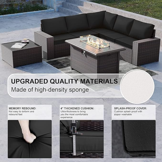 Kullavik 7 Pieces Outdoor Patio Furniture Set with 43" 55000BTU Gas Propane Fire Pit Table PE Wicker Rattan Sectional Sofa Patio Conversation Sets, Black