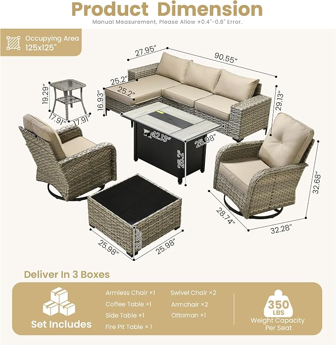 HOOOWOOO Outdoor Sectional Furniture Set with Fire Pit Table,9 Pieces Wicker Patio Conversation Sets,L Shape All Weather Outside Couch Sofa Set with Swivel Chairs Solar Light Table Ottoman,Beige