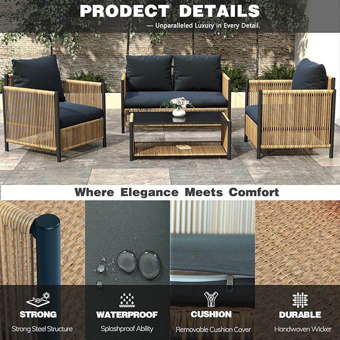 2 Pieces Aluminum Outdoor Patio Furniture Set - Loveseat & Dual-Layer Coffee Table - Rope Sectional Conversation Sofa Sets with Washable Thick Cushion for Garden, Backyard, Porch