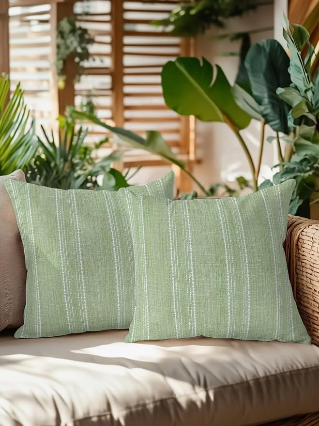 Waterproof Outdoor Pillow Set of 2 Olive Green Linen Stripes Decorative Throw Pillows Cover & Insert 18x18 Inch Pillowcase Parallel Vertical Lines Pillows for Couch Sofa Bed Patio Furniture