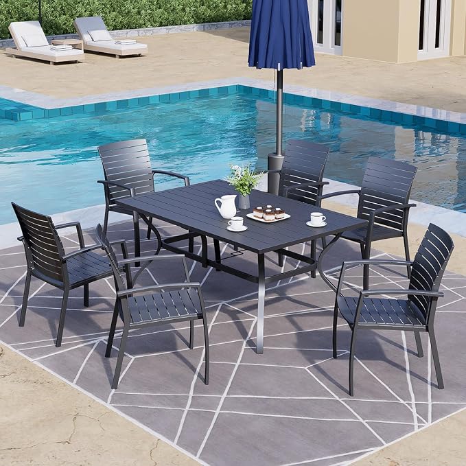 7 Piece Outdoor Patio 60" Rectangular Table and Aluminum Chairs Dining Set | Aluminum Frame Chairs, Resin Chair Seat, Resin Chair Back, 6 Piece Stackable Chairs, 1 Piece Black Metal Table, 6 Person Set