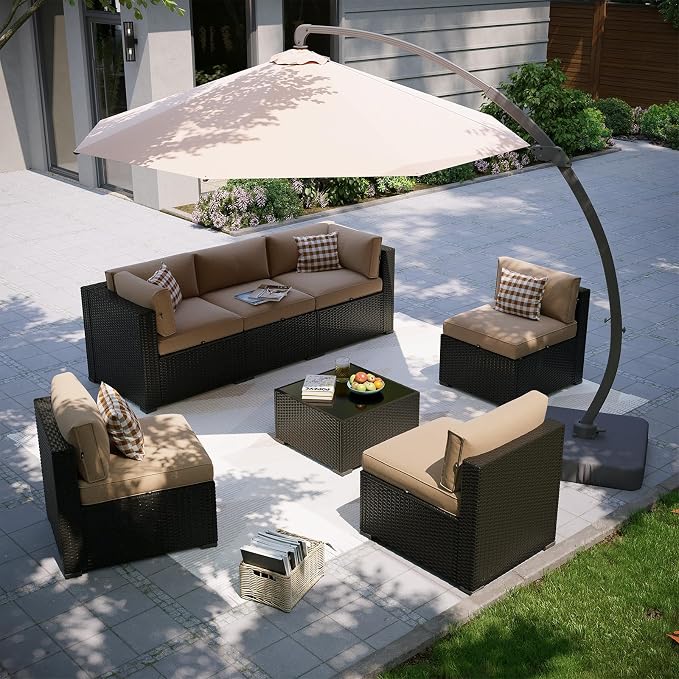 Aoxun Patio Furniture Set with Umbrella, 8 Piece Outdoor Sectional Sofas, Wicker Rattan Outdoor Furniture with Thickened Cushion for Backyard, Garden Beige