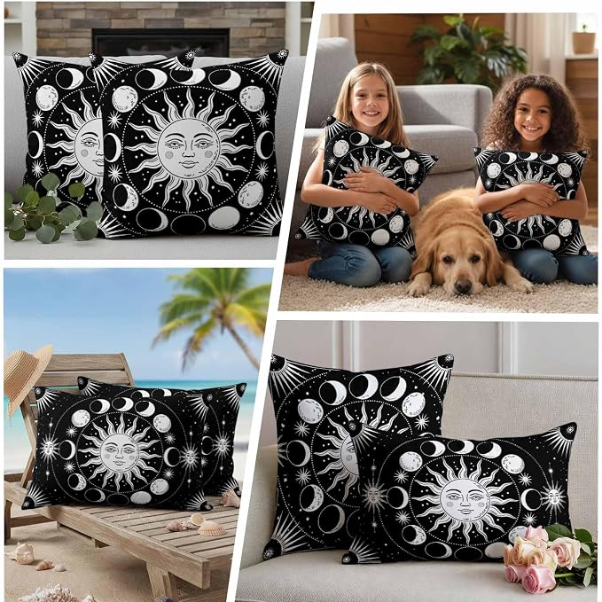 Celestial Sun and Moon Waterproof Outdoor Pillow Covers Set of 2 Home Decor, Black Starry Galaxy Boho Pillowcase Patio Pillow Covers for Couch Bench Patio Furniture Garden 26x26in