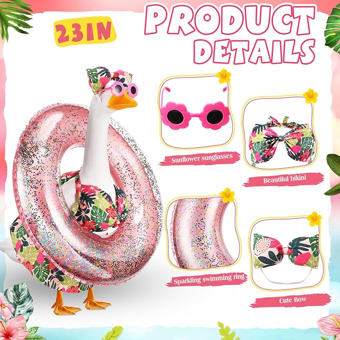 Bikini Porch Goose Outfits with Sunglasses and Swimming Tube for 23" Summer Goose Costume Garden Patio Statue Decor(Flower)