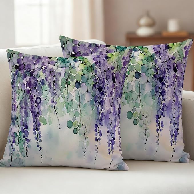 Purple Green Lavender Outdoor Pillow Covers Set of 2 Modern Abstract Romantic Watercolor Flower Leaf Waterproof Throw Pillow Cover Decorative Cushion Cases for Patio Porch Garden 20X20 Inch