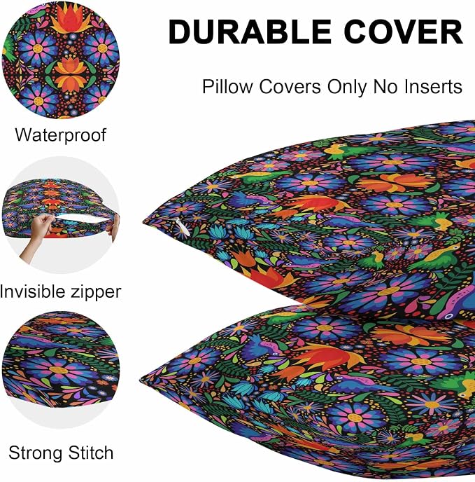 Outdoor Waterproof Throw Pillow Covers Set of 2 Colorful Mexican Floral Pillowcases 16x16 Inches Bird Rustic Assorted Flower Decorative Pillows Cushion Case Patio Pillows for Couch Bed Chair Garden