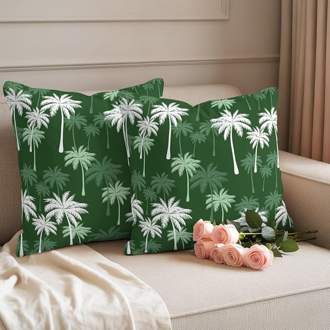 Throw Pillow Covers 20x20 Inch Set of 2, Tropical Palm Tree Waterproof Outdoor Pillow Covers, Green White Plants Coastal Leaf Beach Decorative Cushion Pillowcases for Couch, Sofa, Bed, Garden, Patio