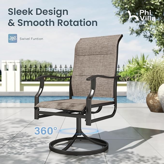 PHI VILLA Swivel Patio Chair Set of 8, 42" High Back Outdoor Chairs with Padded Fabric & E-Coating Frame, All Weather-Resistant for Deck Lawn Garden