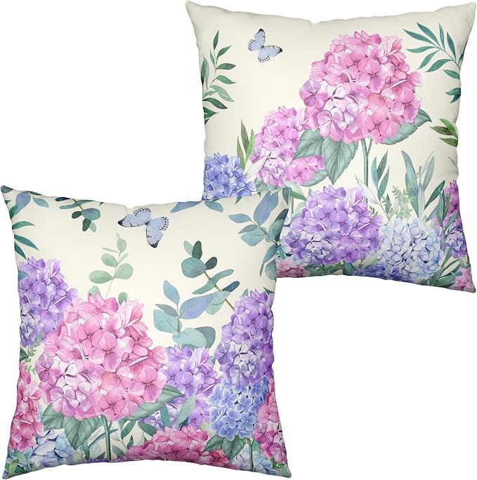 Pink Hydrangea Pillow Covers Spring Flowers Outdoor Pillow Covers 24x24 Set of 2 Purple Pink Hydrangea Eucalyptus Pillow Case Cotton Linen Cushion Case for Sofa Garden Patio