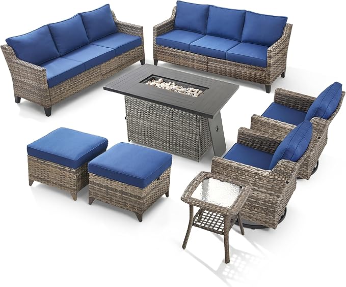 8 Pieces Patio Furniture Set with 42.5" Fire Pit Table-All Weather Wicker Outdoor Furniture with High Back Wicker Patio Chairs Set of 2 Outdoor Couch for Deck Garden Gray/Blue
