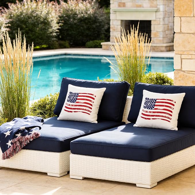 4th of July Pillow Covers 18x18 Inch Set of 2 | Red White Blue Patriotic Summer Outdoor Throw Pillow Covers, USA Flag Independence Memorial Day Cushion Case for Sofa Couch
