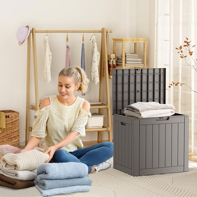 PatioZen 31 Gallon Resin Deck Box, Lockable Patio Outdoor Storage Box for Furniture, Garden Tools and Tools Storage, Waterproof Outside Storage Boxes - Grey