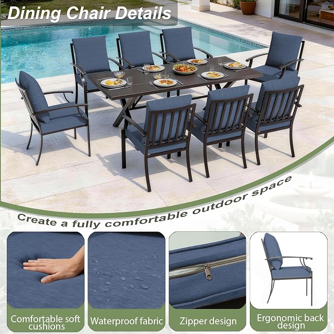10-Piece Patio Dining Set,Metal Outdoor Furniture Set Includes 13.6FT Sand Umbrella,Hole Cut-Out 78.7" x 35.4" Table and 8 Metal Backrest Chairs for Backyard,Garden,Navy
