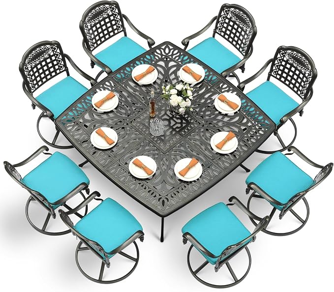 VIVIJASON 9-Piece Outdoor Dining Furniture Set, Cast Aluminum Patio Table & Chairs Set for 8, Include Large 64" Square Dining Table and 8 Swivel Rocker Chairs with Umbrella Hole, Ocean Blue