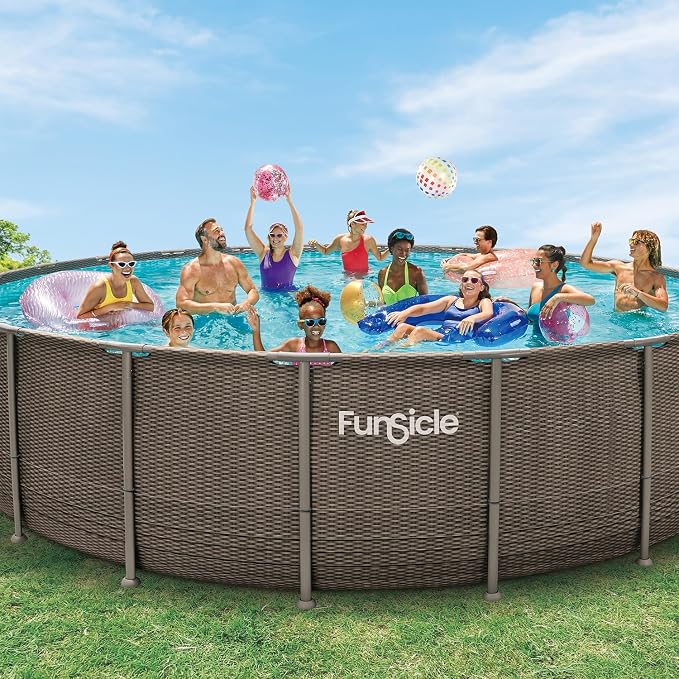 Funsicle Oasis Designer Above Ground Metal Frame Swimming Pool Set – with FB1800S AutoSkimmer Pump, Ladder, Cover, Cloth & Deluxe Maint. Kit, 22' x 52", Round, Double Rattan