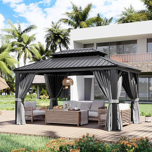Aoxun 10' X 14' Hardtop Gazebo with Drainage System, Aluminum Outdoor Gazebo with Galvanized Steel Double Roof, Patio Permanent Metal Pavilion with Netting, for Garden, Deck, Pool, Grey