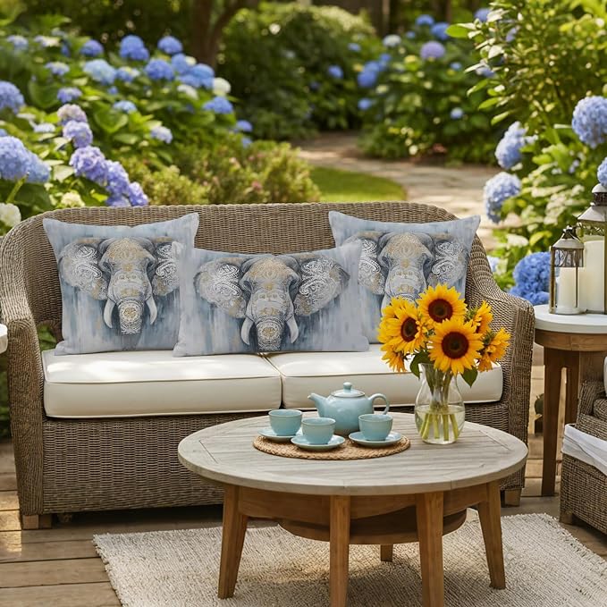 Boho Elephant Outdoor Pillow Covers 26"x26" Set of 2, Floral Pattern Animal Abstract Waterproof Throw Pillow Covers for Patio Furniture, Decorative Cushion Covers for Porch
