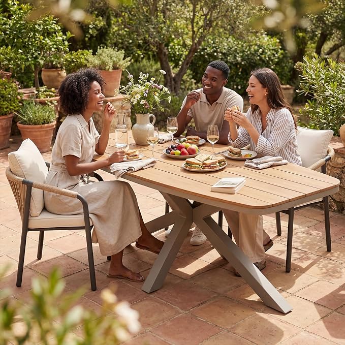 SUNSITT 9 Piece Outdoor Patio Dining Set, Patio Dining Furniture Set with 87” Aluminum Dining Table w/X Base Legs and 8 Woven Wicker Patio Chairs w/Curved Backrest for Garden, Flaxen