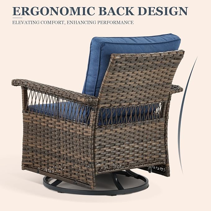 Patio Furniture Set 2 Wicker Swivel Glider Chairs with PE Rattan Side Table Set Brown Wicker Blue Cushions Patio Conversation Set 3pcs for Garden Balcony Sunroom Backyard Poolside