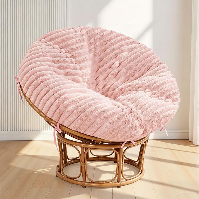 Fluffy Shaggy Cover for Papasan Cushion Cover, 50 Inch, Machine Washable | Super‑Soft Faux Fur Papasan Chair Cushion Cover, 8 Ties Keep Cover Secure, Long‑Zipper for Easy Removal, Pink (Only Cover)