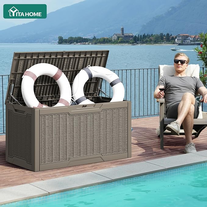 YITAHOME 100 Gallon Large Resin Deck Box Outdoor Storage Boxes for Patio Furniture, Outdoor Cushions, Garden Tools and Pool Supplies-Waterproof,Lockable (Taupe)
