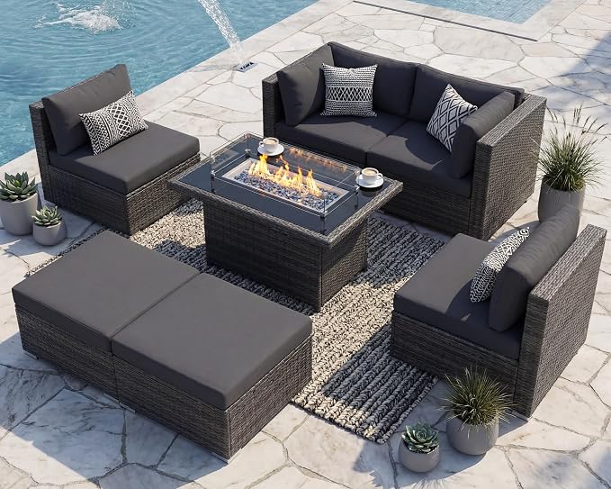 RADIATA 7Pcs Outdoor Patio Furniture Set with Fire Pit, Modern Comfortable Outside Sectional Couch High Back Oversized Wide Deep 6-Seats, Modular All-Weather Heavy Duty Wicker Sofa Set, Dark Grey